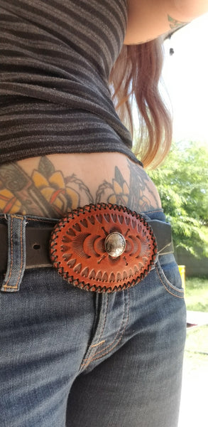 tooled leather belt buckle with authentic buffalo nickel concho