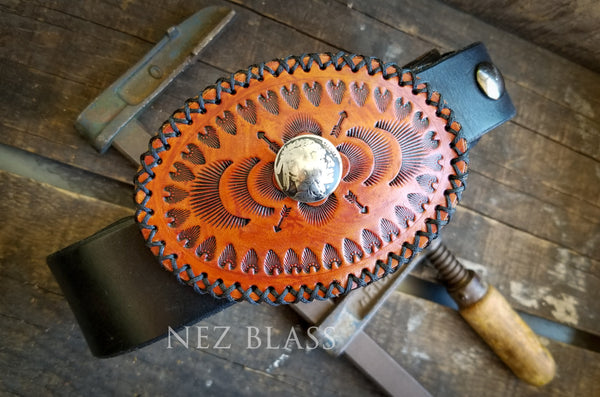 tooled leather belt buckle with authentic buffalo nickel concho